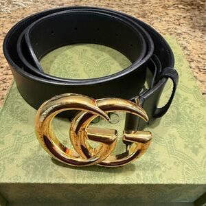 Gucci Black Belt with Gold GG Marmont buckle wide belt with shiny buckle